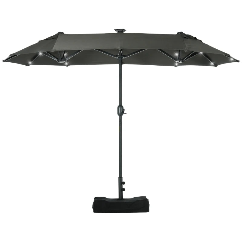 Outsunny 10ft Double-sided Patio Umbrella with Solar Lights and Sandbag Base, Outdoor Umbrella with Push Button Tilt, Crank, Air Vents for Garden, Backyard, Deck, Pool, Market, Gray
