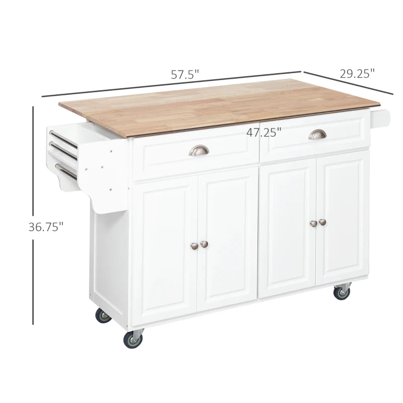HOMCOM Rolling Kitchen Island on Wheels Ultility Cart with Drop-Leaf and Rubber Wood Countertop, Storage Drawer, Door Cabinet, White