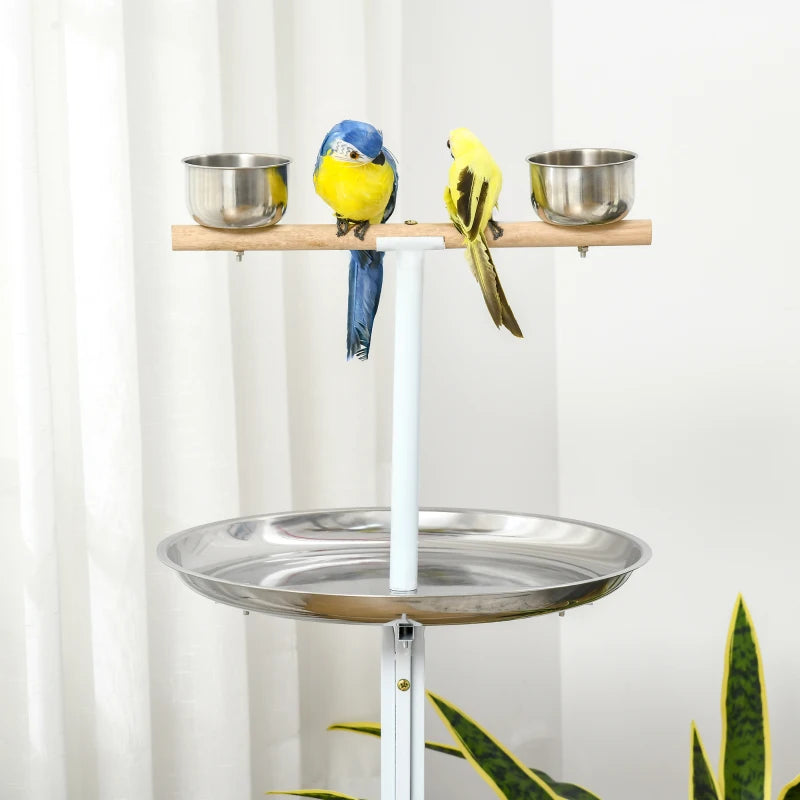 PawHut Bird Play Stand Portable Bird Playground w/ Wood Perch Feeding Cups, White