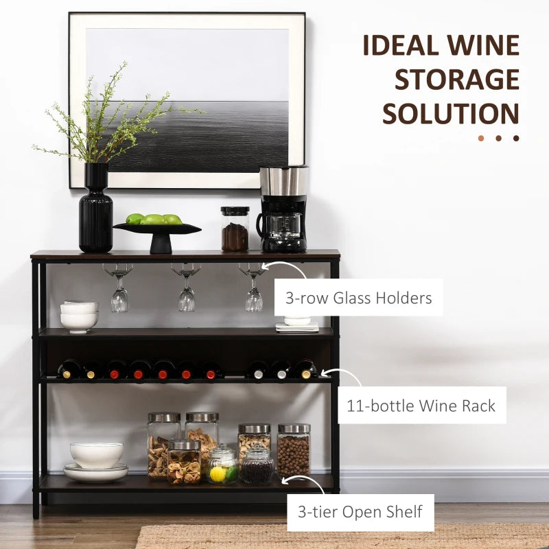 HOMCOM Industrial Wine Rack with 11-Bottles Holder, Free Standing Wine Shelf with Glass Holders for Home Bar, Kitchen, Rustic Brown