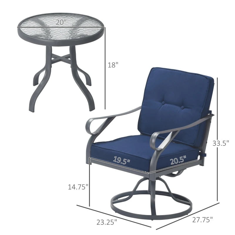 Outsunny 3 Piece Outdoor Patio Bistro Set with 2 360-Degree Swivel Rocking Chairs, Cushions, and 1 Tempered Glass Table for Lawn, Porch, Garden, Blue