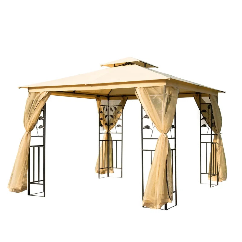 Outsunny 10' x 10' Metal Patio Gazebo, Double Roof Outdoor Gazebo Canopy Shelter with Tree Motifs Corner Frame and Netting, for Garden, Lawn, Backyard, and Deck, Gray