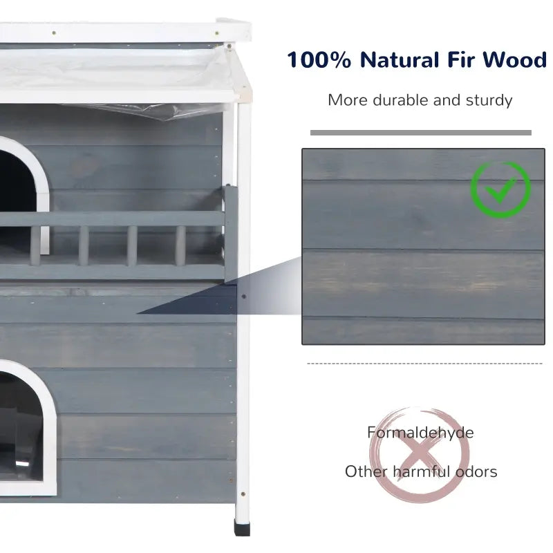PawHut Outdoor Solid Wood 2-Floor Cat Condo Pet House Kitten Shelter with Window - Gray
