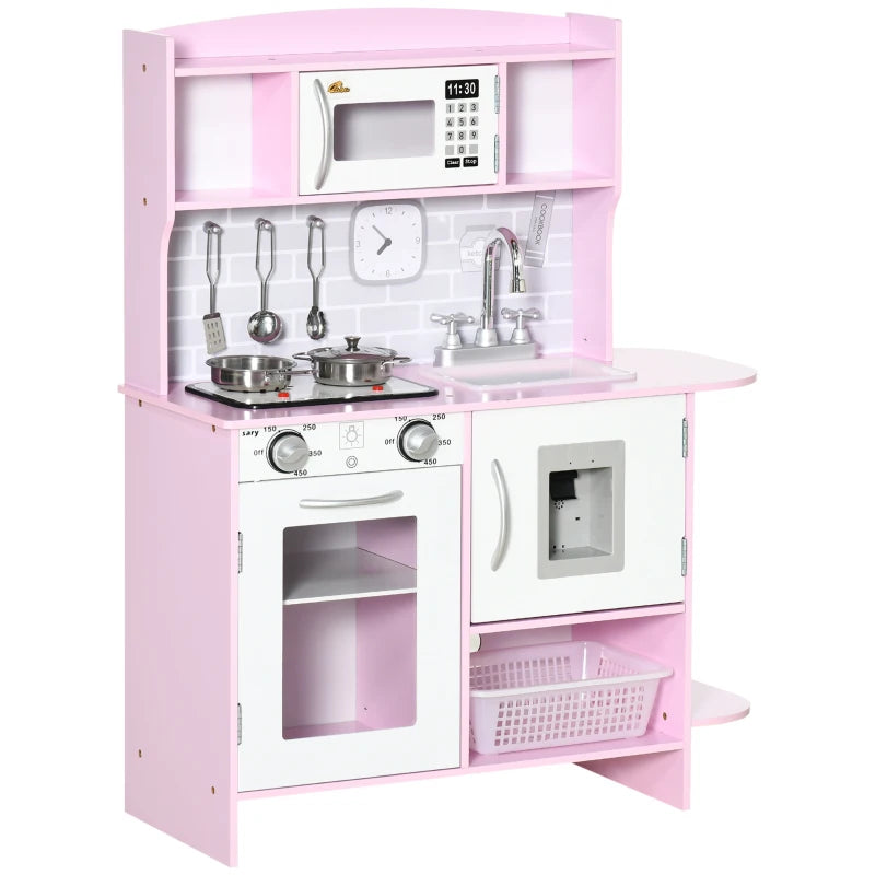Qaba Wooden Play Kitchen with Lights Sounds, Kids Kitchen Playset with Water Dispenser, Microwave, Utensils, Sink, Spacious Storage, Stove, Gift for 3-6 Years Old, Pink