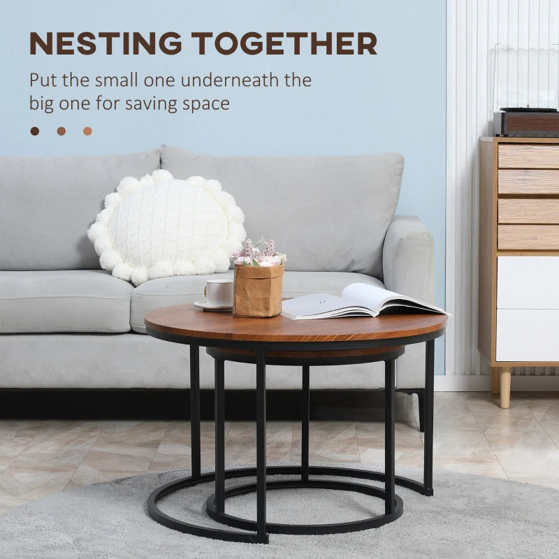 HOMCOM Round Nesting Tables Set of 2, Stacking Coffee Table Set with Metal Frame for Living Room, Grey