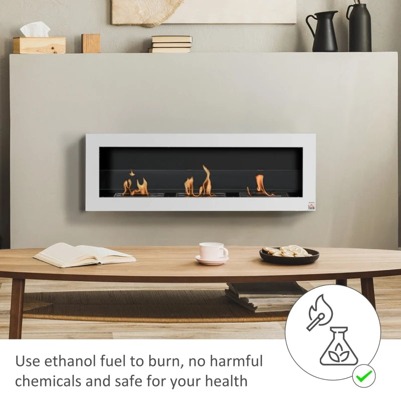HOMCOM Ethanol Fireplace, 47.25" Wall-Mount 0.3 Gallon Steel 215 Sq Ft., Burns up to 3 Hours, White