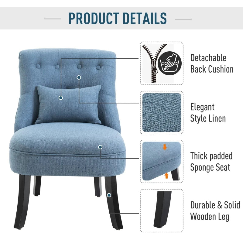 HOMCOM Small Button-Tufted Accent Chair Mid-Back Leisure Armchair with Upholstered Fabric, Solid Wood Legs, and Support Pillow, Blue