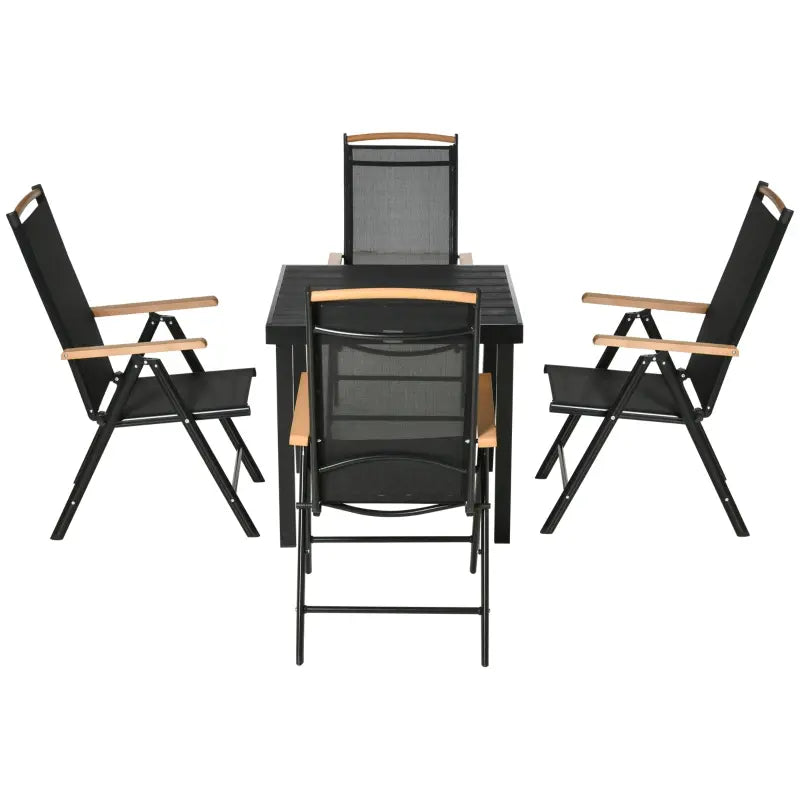 Outsunny 5 Piece Outdoor Furniture Patio Dining Set For 4, Square Outdoor Dining Table, Adjustable Reclining Folding Chairs, Black