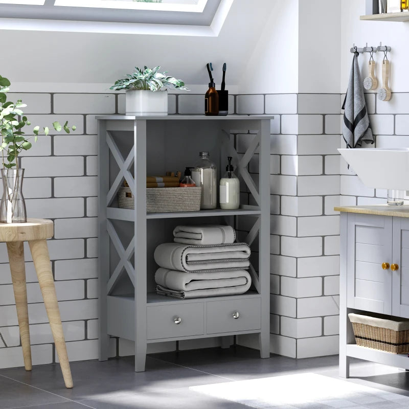 kleankin X- Frame Freestanding Floor Bathroom Storage with Two Drawers, Storage Organizer, Cabinet with 3 Shelves - Grey