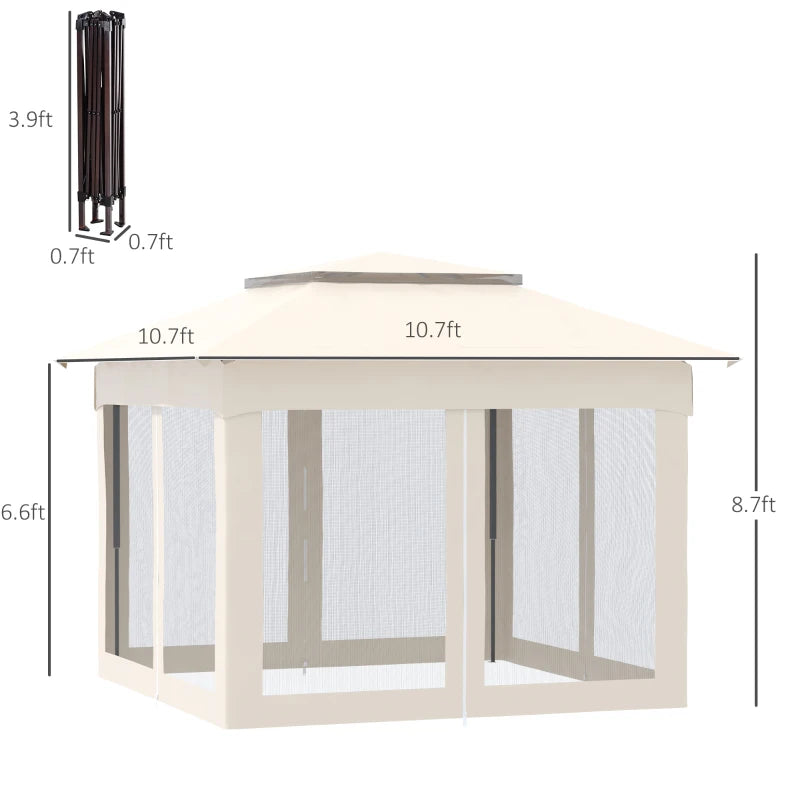 Outsunny 10' x 12' Outdoor Gazebo, Patio Gazebo Canopy Shelter w/ Double Vented Roof, Zippered Mesh Sidewalls, Solid Steel Frame, Beige