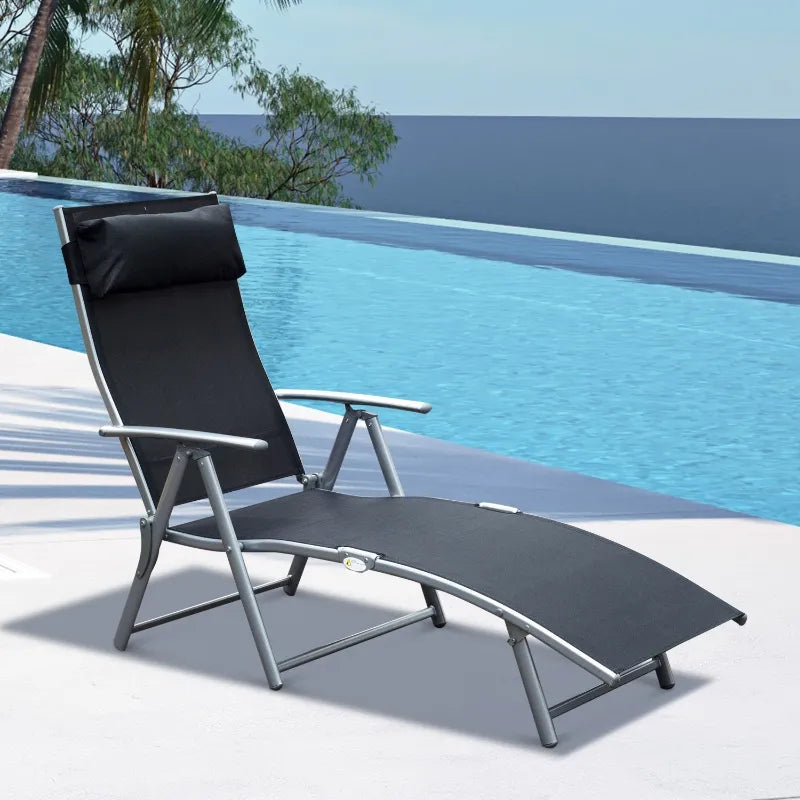 Outsunny Outdoor Folding Chaise Lounge Chair, Portable Lightweight Reclining Sun Lounger with 7-Position Adjustable Backrest & Pillow for Patio, Deck, and Poolside, Black