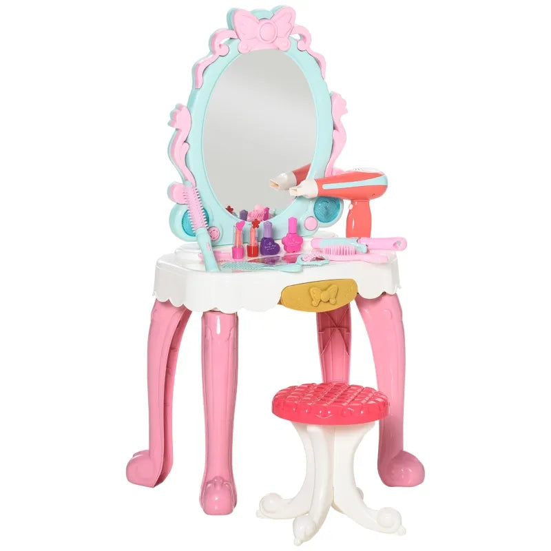 Qaba 25 Pcs Kids Vanity Musical Dressing Table Magic Mirror Lights Lake Blue & White