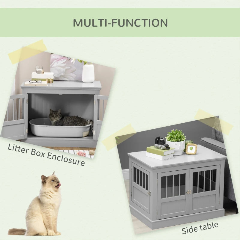PawHut Cat Litter Box Enclosure with Magnetic Doors, Cat Washroom Nightstand with Large Top, Hidden Litter Box Side Table with Latches, for Indoor Use, Dark Grey