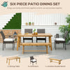 Outsunny Outdoor Dining Set for 6, Patio Dining Furniture Set with PE Wicker Chairs, Armrests, Acacia Wood Loveseat Bench & Dinner Table, Cushions, White