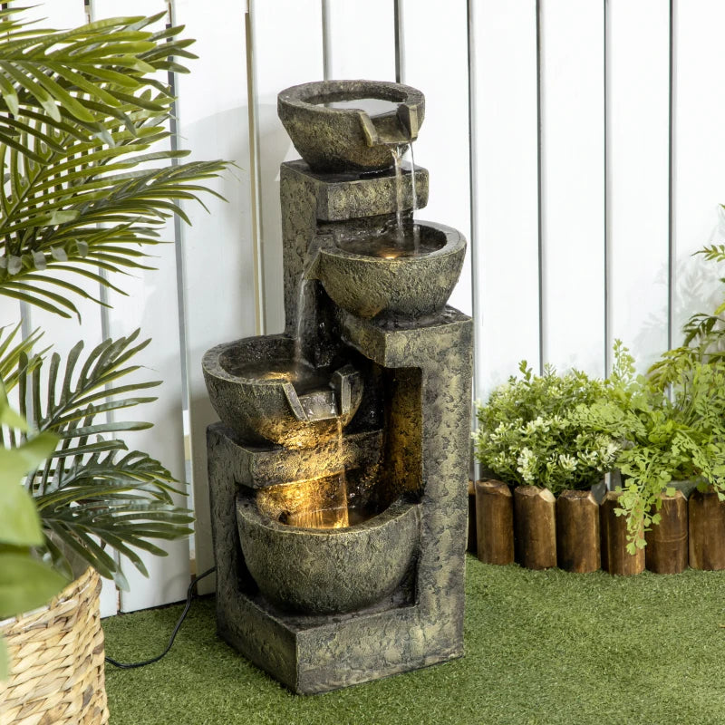 Outsunny Outdoor Fountain with 4-Tier Stacked Stone Look Bowls, Cascading Waterfall, Adjustable Flow & LED Lights, Rustic Décor for Patio, Zen Garden, Backyard, Porch, Gray