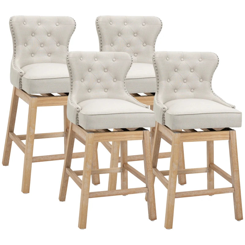 HOMCOM Upholstered Fabric Bar Height Bar Stools, 180° Swivel Nailhead-Trim Pub Chairs, 30" Seat Height with Rubber Wood Legs, Set of 4, Cream