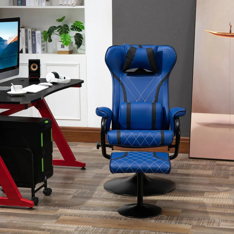 Vinsetto High Back Video Gaming Recliner with Ottoman, Racing Style PC Computer Office Chair, Swivel with Headrest & Lumbar Support, Adjustable Height, Blue/Black