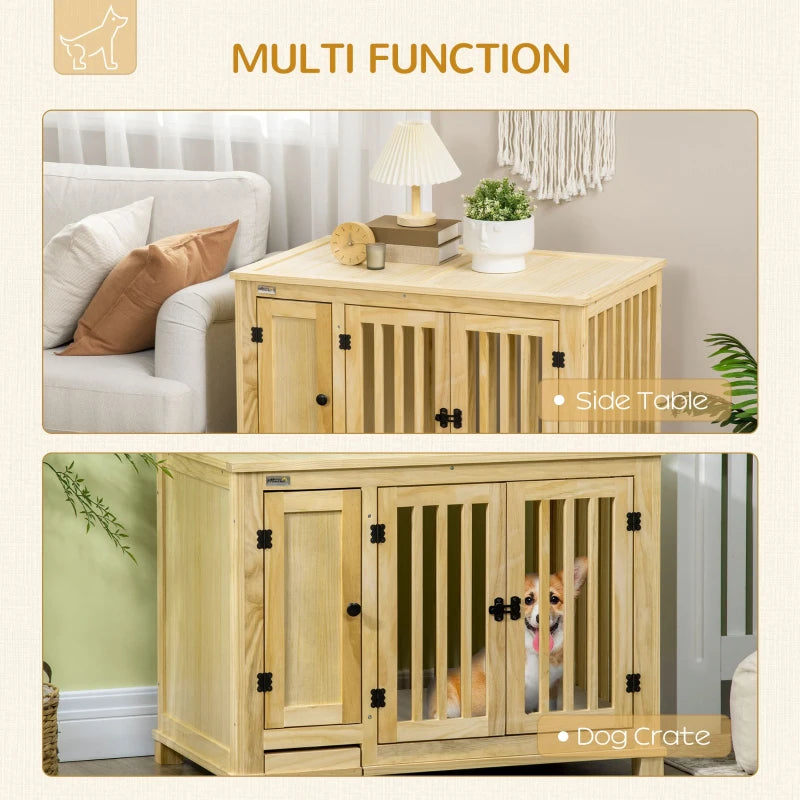 PawHut Wooden Dog Crate, Indoor Dog Kennels with Cushion Drawer Bowl Storage for Small Dogs, 37.5" x 23" x 27.5", Natural