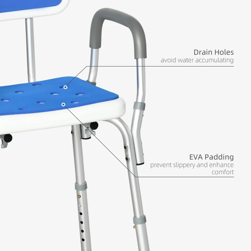HOMCOM EVA Padded Shower Chair with Arms and Back, Bath Seat with Adjustable Height, Anti-slip Shower Bench for Seniors and Disabled, Tool-Free Assembly, 299lbs