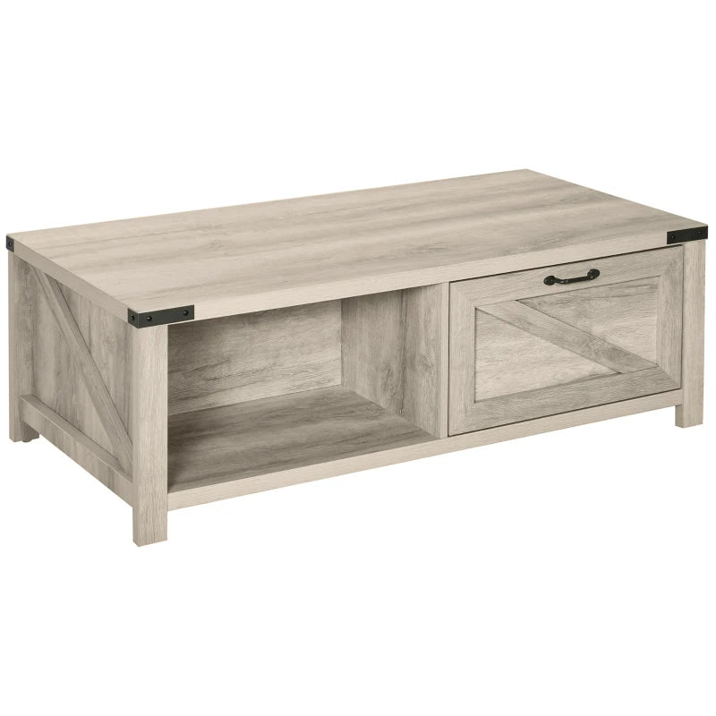 HOMCOM Farmhouse Coffee Table with Drawer and Storage Open Shelf for Living Room, Oak