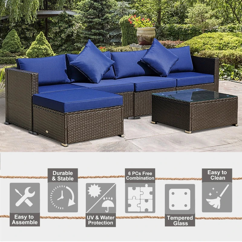 Outsunny 6 Pieces Patio Furniture Sets Outdoor Wicker Conversation Sets All Weather PE Rattan Sectional sofa set with Ottoman, Cushions & Tempered Glass Desktop, Red