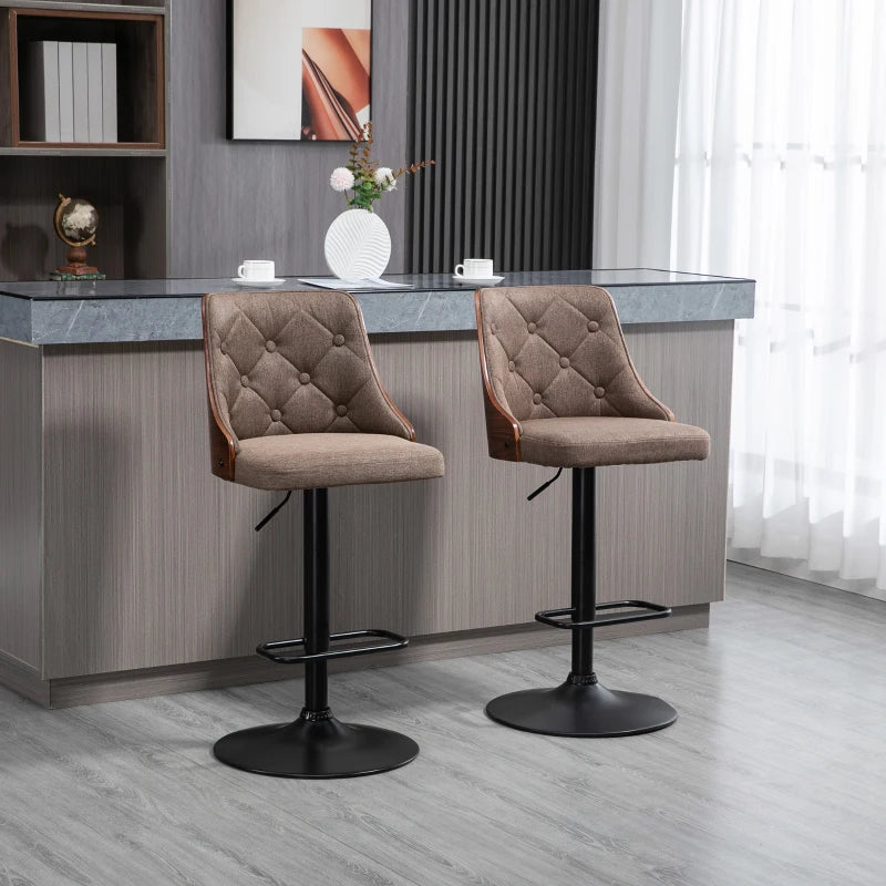 HOMCOM Counter Height Bar Stools Set of 2, Height Adjustable Swivel Barstools with Footrest and Tufted Back, Linen Fabric Bar Chairs, Brown