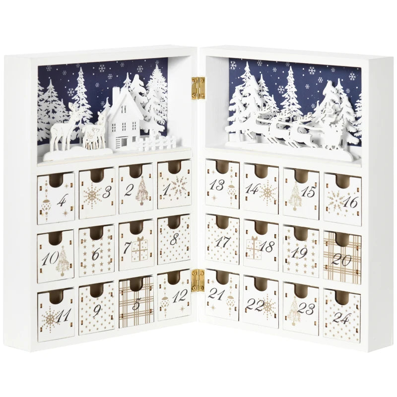 HOMCOM Wooden Christmas Advent Calendar Book, Table Holiday Decoration with 24 Countdown Drawers, for Kids and Adults, White
