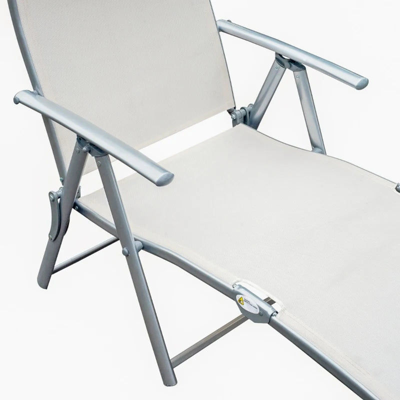 Outsunny Outdoor Folding Chaise Lounge Chair, Portable Lightweight Reclining Sun Lounger with 7-Position Adjustable Backrest & Pillow for Patio, Deck, and Poolside, Cream White
