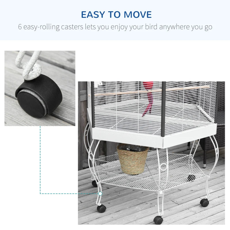 PawHut 55" Large Parrot Cage with Toy Hooks Above Top Bird Perch, Tray, Food Cups, Rolling Stand, Bird Cage for Cockatiels, Parakeets, Lovebirds
