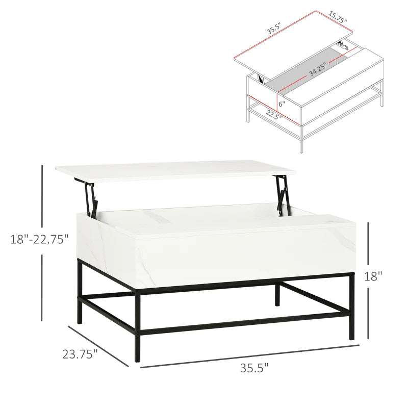 HOMCOM Modern Lift Top Coffee Table with Hidden Storage Compartment and Metal Legs for Living Room, Home Office, White