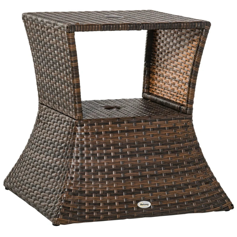 Outsunny Rattan Wicker Side Table with Umbrella Hole, 2 Tier Storage Shelf for All Weather for Outdoor, Patio, Garden, Backyard, Mixed Brown