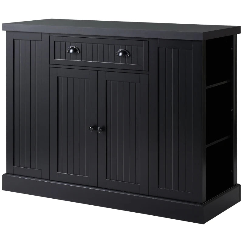 HOMCOM Fluted-Style Wooden Kitchen Island, Storage Cabinet with Drawer, Open Shelving, and Interior Shelving for Dining Room, Black