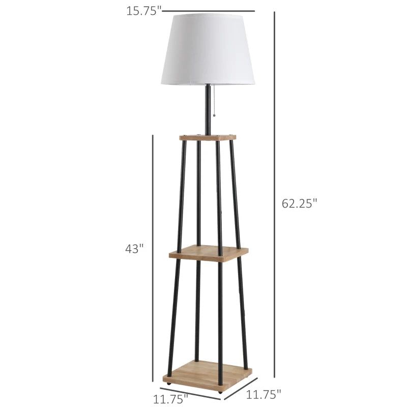 HOMCOM Tall Floor Lamp With Linen Style Fabric Shade  3-Tier Rubber Display Shelves