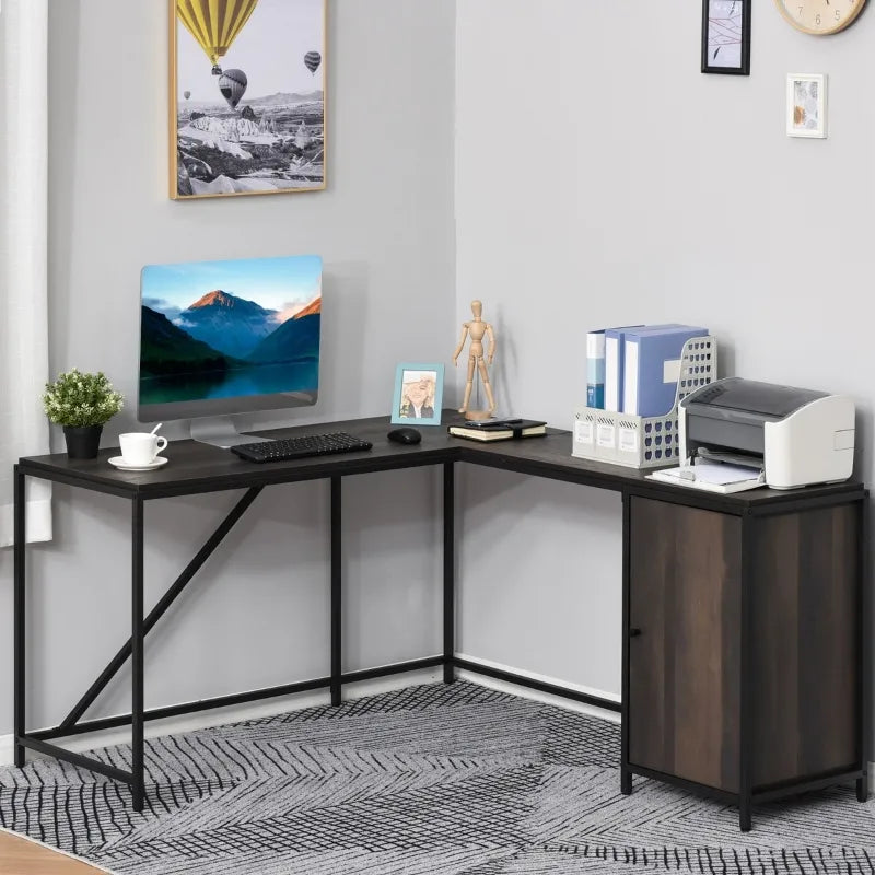 HOMCOM L-Shaped Computer Desk Home Office Corner Desk Study Workstation Table with with Wide Desktop, 2 Side Shelves, Steel Frame, Dark Grey