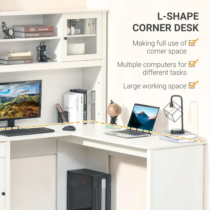HOMCOM L-Shaped Desk with Hutch, Computer Desk with Drawers, Home Office Corner Desk Study Workstation Table with Storage Cabinets Shelves, White