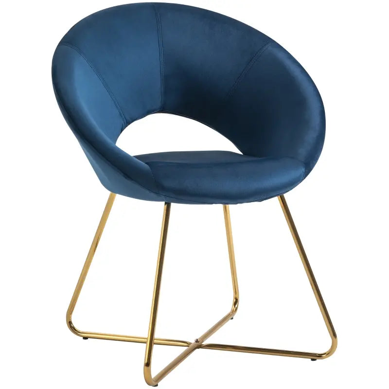 HOMCOM Modern Accent Velvet Chair Open Curved Mid-Back Upholstered Vanity Chair with Gold Plating Metal Legs for Living Room/Office/Reception, Blue