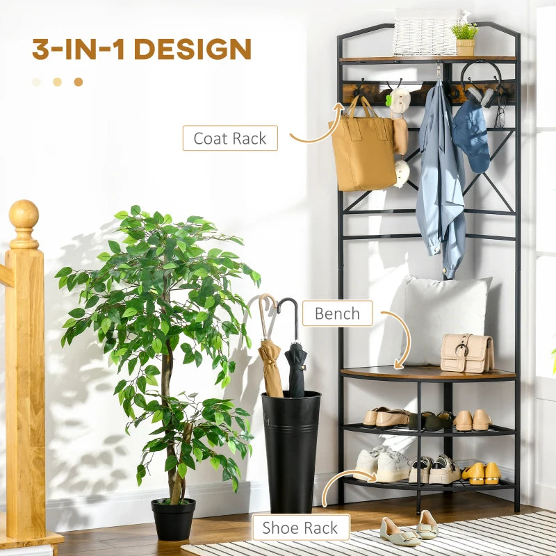 HOMCOM Industrial Hall Tree with Side Storage Shelves, Entryway Bench with Coat Rack, Freestanding Coat Tree with Shoe Storage and Hooks, Rustic Brown