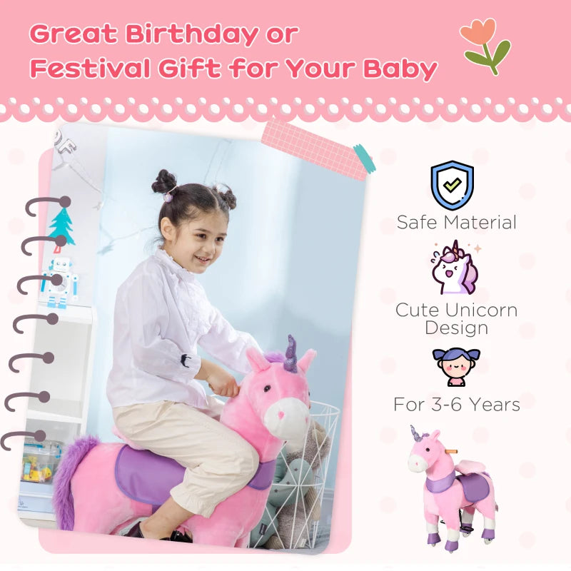 Qaba Ride-on Walking Rolling Kids Horse with Easy Rolling Wheels, Soft Huggable Body, & a Large Size for Kids 3-8 Years