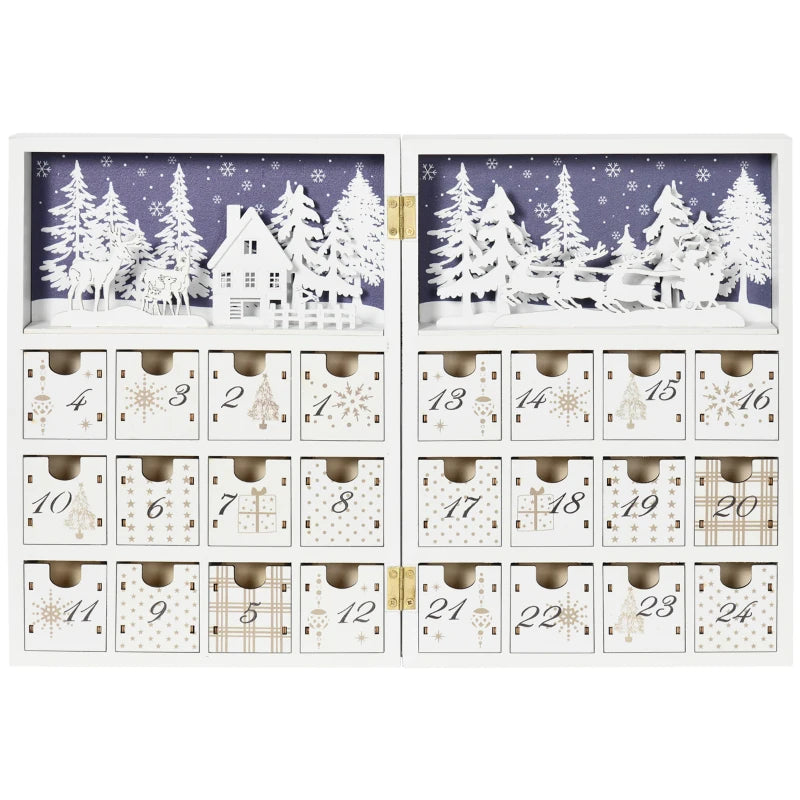 HOMCOM Wooden Christmas Advent Calendar Book, Table Holiday Decoration with 24 Countdown Drawers, for Kids and Adults, White
