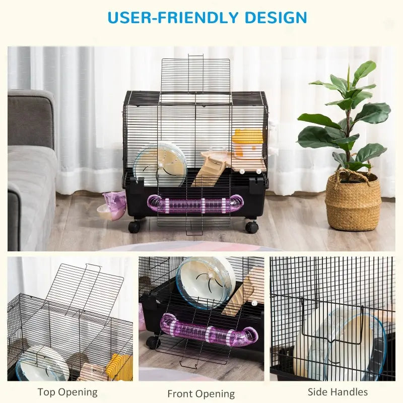 PawHut 2-Tier Hamster Cage, Small Animal Habitat for Rats, Gerbils, Mesh Wire Ventilated Enclosure with Exercise Wheel, Water Bottle, and Food Dishes