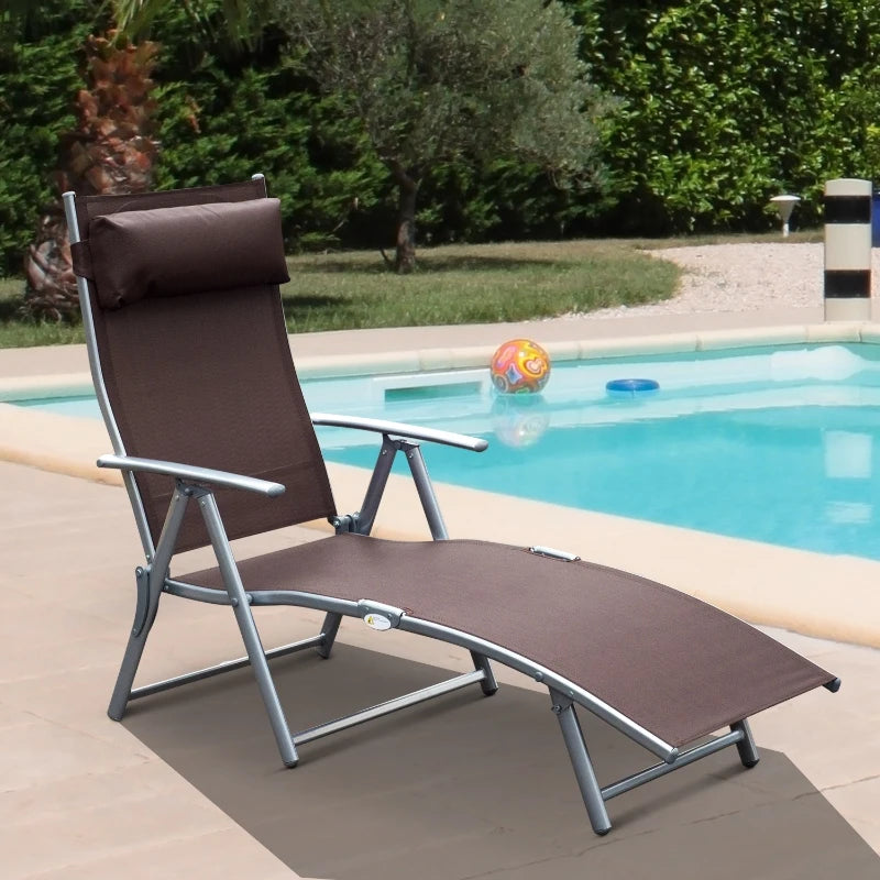 Outsunny Outdoor Folding Chaise Lounge Chair, Portable Lightweight Reclining Sun Lounger with 7-Position Adjustable Backrest & Pillow for Patio, Deck, and Poolside, Brown