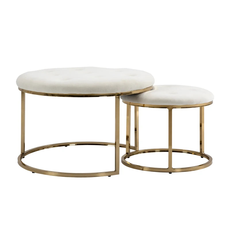 HOMCOM Nesting Coffee Table Set of 2, Round End Tables with Button Tufted Top for Living Room, Bedroom, White