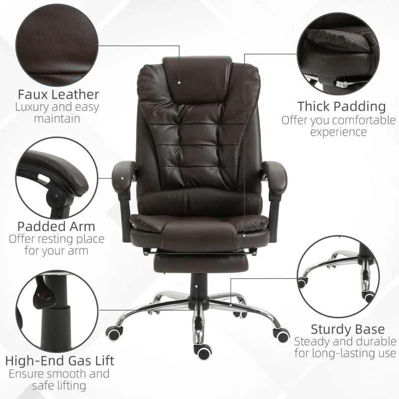 HOMCOM High Back Ergonomic Executive Office Chair, PU Leather Computer Chair with Retractable Footrest, Lumbar Support, Padded Headrest and Armrest, Dark Brown