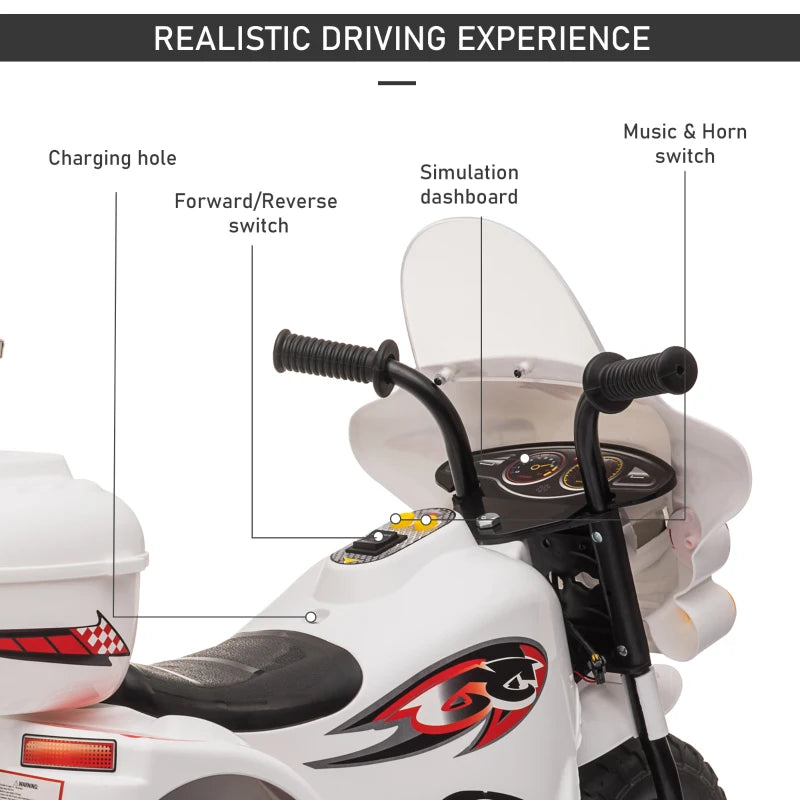 ShopEZ USA Ride-on Electric Motorcycle for Kids with Music & Horn Buttons, Stable 3-Wheel Design, & Rear Storage Space - White