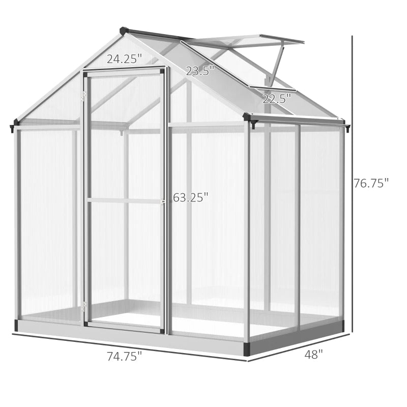 Outsunny 6' x 6' Aluminum Greenhouse, Polycarbonate Walk-in Garden Greenhouse Kit with Adjustable Roof Vent, Rain Gutter and Sliding Door for Winter, Silver