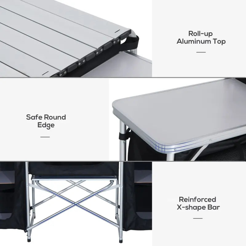 Outsunny Aluminum Portable Camping Kitchen Fold-Up Cooking Table With Windscreen and 3 Enclosed Cupboards for BBQ, Party, Picnics