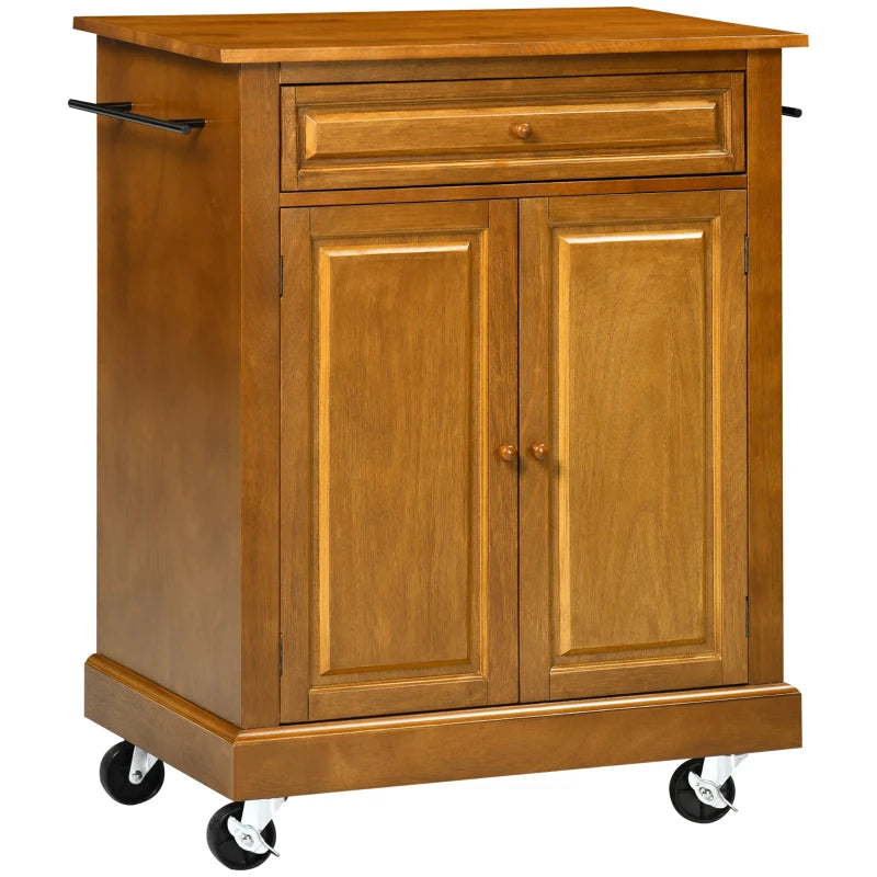 HOMCOM Rolling Kitchen Cart, Kitchen Island with Storage Drawer, 9-bottle Wine Rack, Door Cabinets, Wooden Countertop, White