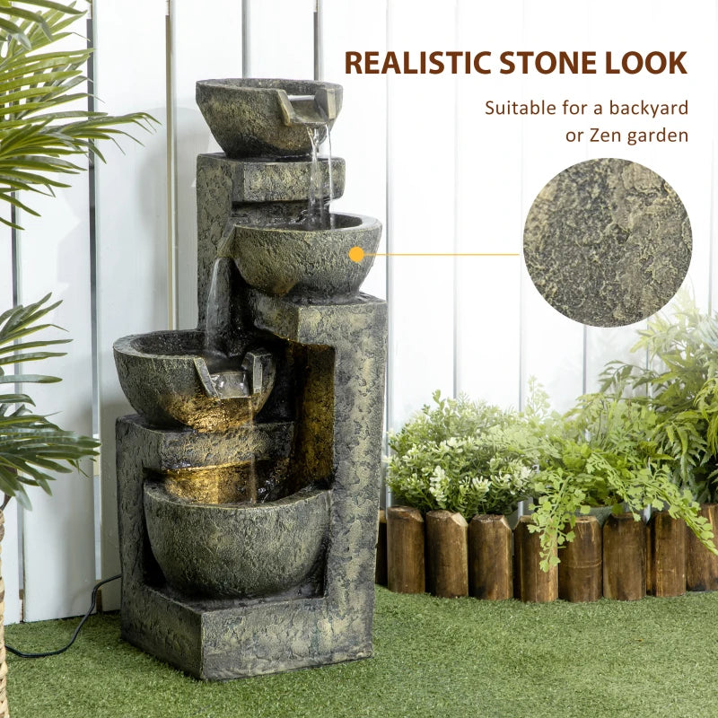 Outsunny Outdoor Fountain with 4-Tier Stacked Stone Look Bowls, Cascading Waterfall, Adjustable Flow & LED Lights, Rustic Décor for Patio, Zen Garden, Backyard, Porch, Gray