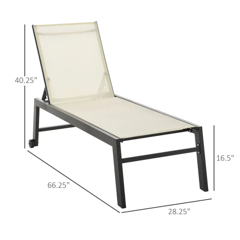 Outsunny Outdoor Chaise Lounge with Wheels, Five Position Recliner for Sunbathing, Suntanning, Steel Frame, Breathable Fabric for Beach, Yard, Patio, Cream White