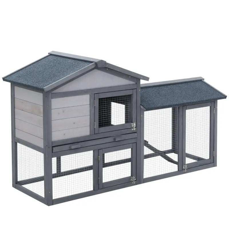 PawHut Rabbit Hutch, Wooden Bunny Hutch, Guinea Pig Cage, Small Animal Enclosure with Run Area, Removable Tray, Asphalt Roof, Lockable Doors and Ramp, Gray